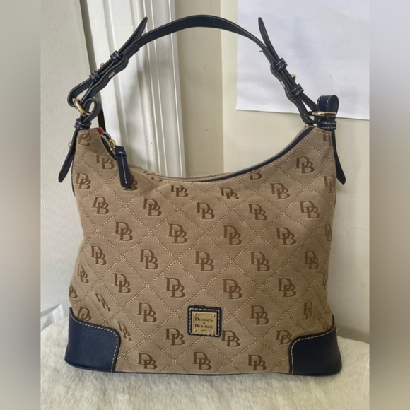 Dooney and Bourke EUC+ Monogram Tan Canvas & Blue Leather Shoulder Bag